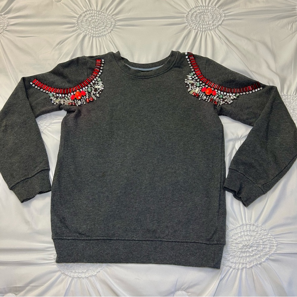 Hermant & Nandita Dark Grey Rhinestone Encrusted Shoulders L/Sleeve Top Size XS